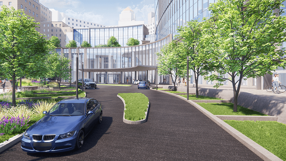 An exterior rendering of the UPMC Presbyterian entry drive.